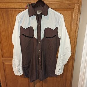 Vintage Ely Cattleman Men size M Brown White Pearl Snap Western Button Up Shirt